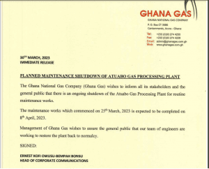 Maintenance works on Atuabo Gas Processing Plant to end on April 8 – Ghana Gas
